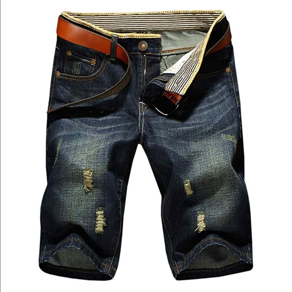 NEW 087 Men’s Dark Blue Ripped Denim Shorts
